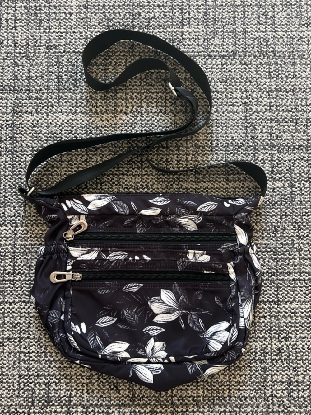 Black Floral Crossbody Bag with White Leaf Print